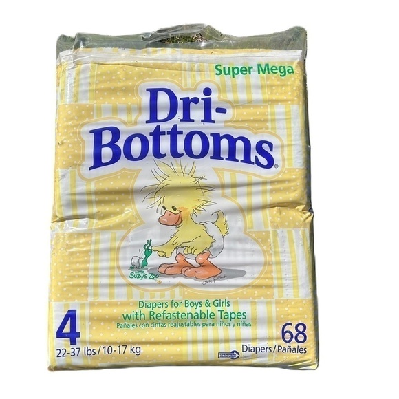 Vintage Dri Bottoms Diapers Suzy’s Zoo Sz 4 68 Count New Sealed Package Straps - Picture 3 of 3